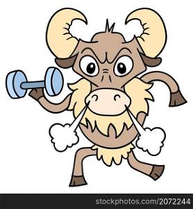 angry bull with a face practicing fitness carrying a barbell in hand