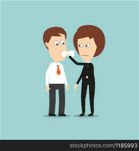 Angry business woman put a cloth gag in mouth to stop him from speaking, for business secret or shut up concept design. Cartoon flat style. Business woman put a cloth gag in colleagues mouth