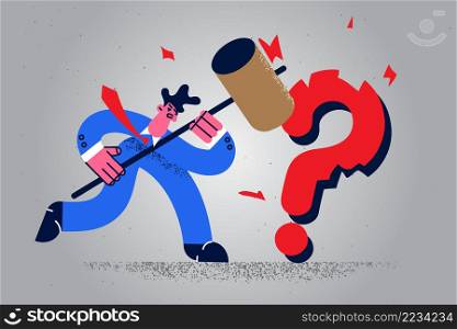 Angry businessman break question mark or sign with hammer find solution to problem. Mad decisive man employee trouble solving at work. Decision making concept. Vector illustration. . Mad businessman break question mark with hammer