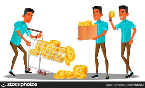 Angry Businessman Carries Bunch Of Bitcoin In A Trolley And Dumps Them In A Landfill Vector. Illustration. Angry Businessman Carries A Bunch Of Bitcoin In A Trolley And Dumps Them In A Landfill Vector. Illustration