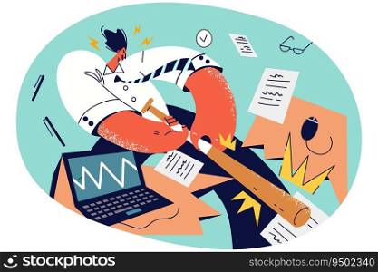 Angry businessman crashing computer feel overwhelmed with office job. Mad furious male employee break desk and laptop. Work burnout and overwork. Vector illustration.. Furious businessman crash office desk