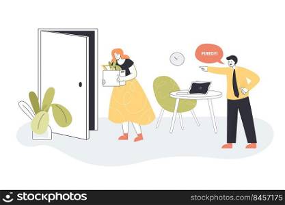Angry businessman dismissing sad female employee leaving office. Bad man firing unhappy worker flat vector illustration. Unemployment, layoff, job loss concept for banner or landing web page