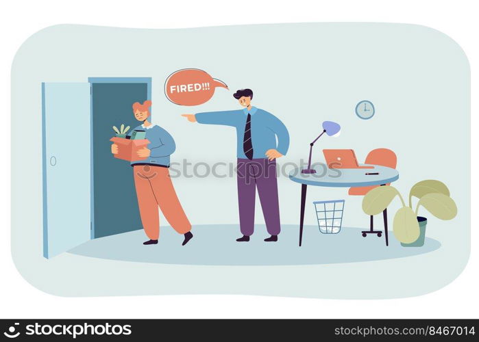 Angry businessman dismissing worker. Unhappy fired woman employee with box leaving office flat vector illustration. Bad conflict, layoff, unemployment, losing job place concept