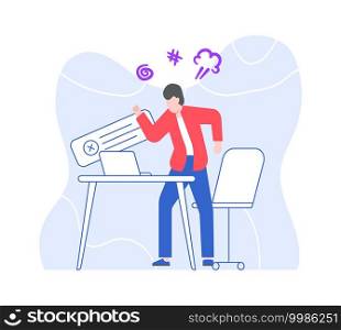 Angry businessman on workplace, scream and swear. Vector businessman at office and computer mistake, emotion aggressive illustration. Angry businessman on workplace, scream and swear
