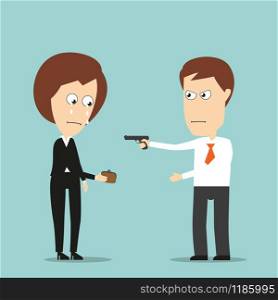 Angry businessman robs crying business woman with a handgun, for robbery or extortion business concept design. Cartoon flat style. Businessman robs business woman with a handgun