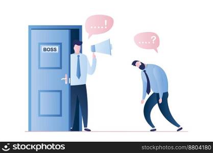 Angry businessman with loudspeaker in hand, office boss with megaphone stands in the doorway and unhappy tired male employee,speech bubbles with signs,trendy style vector illustration