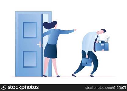 Angry businesswoman dismissed man worker. Woman boss fire male employee. Business people characters in trendy style. Isolated on white background.Flat vector illustration