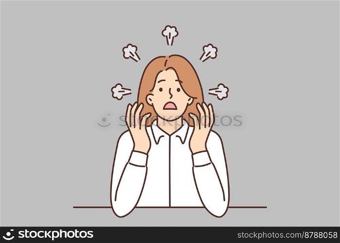 Angry businesswoman with smoke from head suffer from overwork or nervous breakdown. Furious female employee overwhelmed with work problems. Vector illustration. . Angry businesswoman with smoke from head