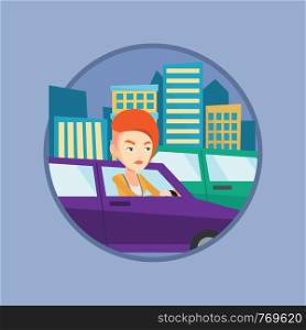 Angry car driver stuck in a traffic jam. Irritated woman driving a car in a traffic jam. Agressive driver honking in traffic jam. Vector flat design illustration in the circle isolated on background.. Angry caucasian woman in car stuck in traffic jam.