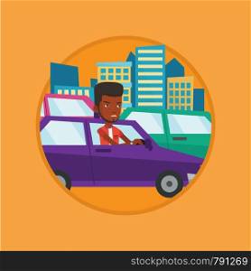 Angry car driver stuck in a traffic jam. Irritated man driving a car in a traffic jam. Agressive driver honking in traffic jam. Vector flat design illustration in the circle isolated on background.. Angry african man in car stuck in traffic jam.