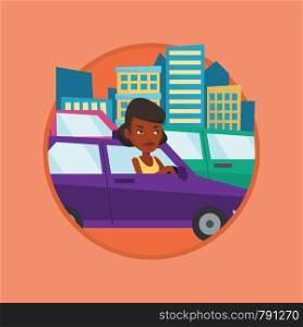 Angry car driver stuck in a traffic jam. Irritated woman driving a car in a traffic jam. Agressive driver honking in traffic jam. Vector flat design illustration in the circle isolated on background.. Angry african woman in car stuck in traffic jam.