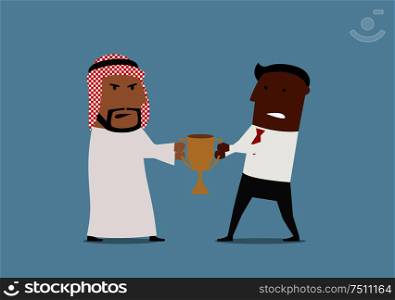 Angry cartoon arabian and african american business competitors fighting for golden trophy. Business competition or confrontation, struggle for leadership theme design. Arabian and black businessmen fighting for trophy