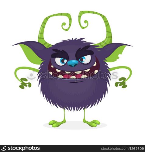 Angry cartoon black monster. Halloween character. Vector illustration.