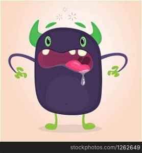 Angry cartoon black monster screaming. Yelling angry monster expression. Big collection of cute monsters for Halloween. Vector illustration.