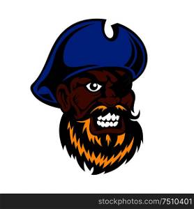 Angry cartoon dark skinned pirate captain with lush beard, in blue hat and eye patch, for tattoo or adventure theme. Angry cartoon pirate captain with eye patch