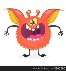 Angry cartoon fat monster. Vector illustration of red monster character with large mouth. Halloween design