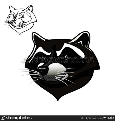 Angry cartoon gray raccoon with bared teeth, including outline variant in upper corner, for sports mascot or tattoo design. Angry cartoon raccoon mascot on white