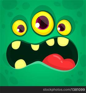 Angry cartoon green alien character face with three eyes. Vector Halloween monster avatar design