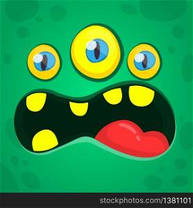 Angry cartoon green alien monster with three eyes. Vector Halloween monster avatar scream
