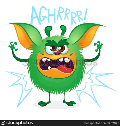 Angry cartoon green hairy monster. Big collection of cute monsters for Halloween. Vector illustration isolated on white background