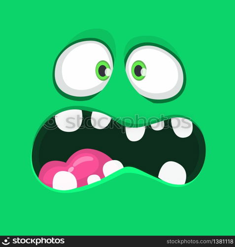 Angry Cartoon Green Monster Face With Big Mouth. Vector Halloween illustration of scary monster