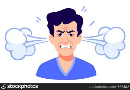 Angry cartoon man with steam coming out of ears isolated on white. Portrait of stressed male having anger and irritation emotion vector graphic illustration. Face of depressed person with headache. Angry cartoon man with steam coming out of ears isolated on white