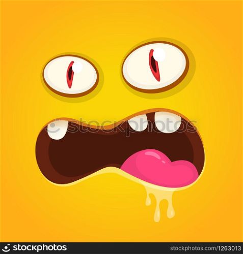 Angry cartoon monster face avatar. Vector Halloween orange monster with big mouth full of saliva