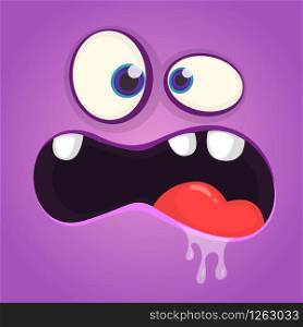 Angry cartoon monster face avatar. Vector Halloween purple monster with saliva on his face