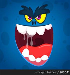 Angry cartoon monster face illustration. Vector Halloween blue zombie monster. Big set of cartoon monster faces