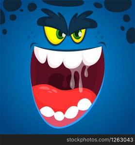 Angry cartoon monster face illustration. Vector Halloween blue zombie monster design