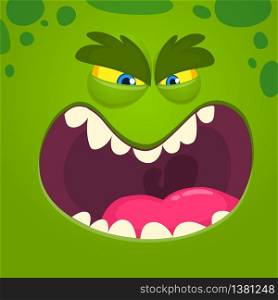 Angry cartoon monster face. Vector Halloween green monster character