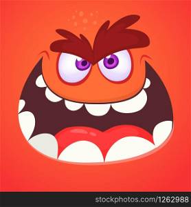 Angry cartoon monster face. Vector Halloween orange monster talking or screaming