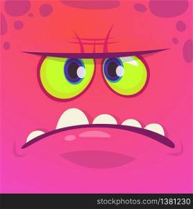 Angry cartoon monster face. Vector Halloween pink monster character