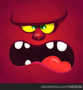 Angry cartoon monster face. Vector Halloween red monster illustration