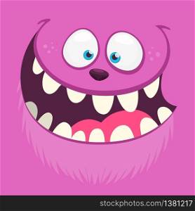 Angry cartoon monster face with a big smile. Vector Halloween pink monster illustration