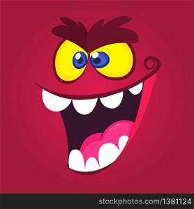 Angry cartoon monster face with a big smile. Vector Halloween red monster illustration
