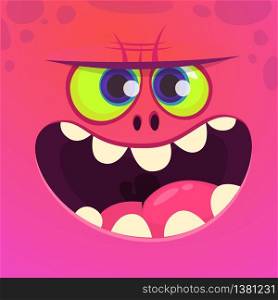 Angry cartoon monster face with big smile. Vector Halloween pink monster character