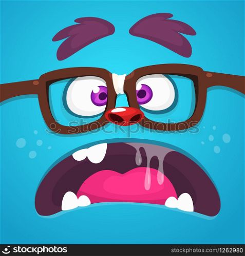 Angry Cartoon Monster Face With Eyeglasses yelling or talking. Vector Halloween monster square avatar