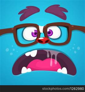 Angry Cartoon Monster Face With Eyeglasses yelling or talking. Vector Halloween monster square avatar