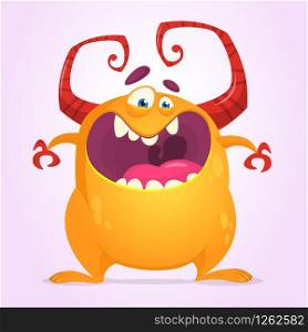 Angry cartoon monster. Halloween vector illustration of orange monster character. Design for print, sticker or party decoration