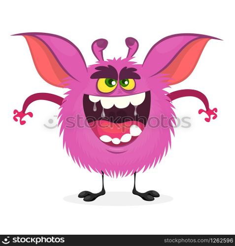 Angry cartoon monster. Vector furry pink monster character on tiny legs and big ears. Halloween design for print, party decoration, sticker or children book