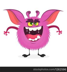 Angry cartoon monster. Vector furry pink monster character on tiny legs and big ears. Halloween design for print, party decoration, sticker or children book
