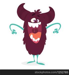 Angry cartoon monster. Vector illustration of black funny monster laughing with big mouth