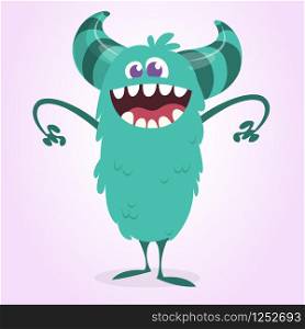 Angry cartoon monster with a big smile. Vector Halloween blue monster illustration