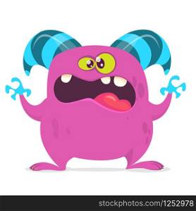 Angry cartoon monster with big mouth. Vector pink monster illustration. Halloween characters design