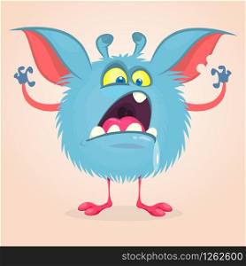 Angry cartoon monster. Yelling blue monster emotion with big mouth roars. Halloween vector illustration
