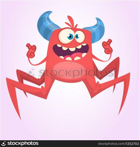 Angry cartoon red spider monster. Vector illustration for Halloween. Design for children book, sticker, print or party decoration