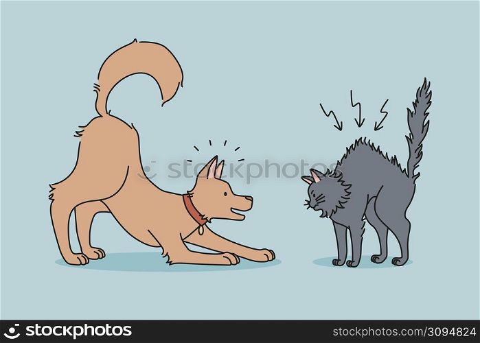 Angry cat and dog fight at home. Playful puppy and mad kitten battle feeling aggressive. Domestic animals daily life. Pets playing together. Flat vector illustration, cartoon character. . Angry cat and playful dog playing at home