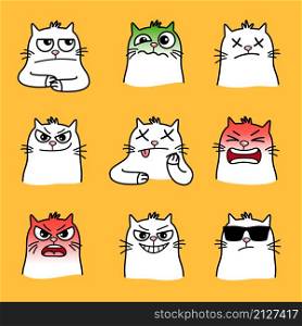 Angry cats smiles. Cartoon emoticons of home animal with big eyes, creative graphic images emotions of pets, vector illustration of evil and cool cats isolated on yellow background. Angry cats smiles