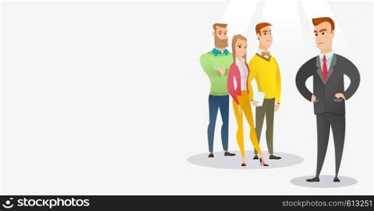 Angry caucasian business man shouting at his employees. Aggressive business man firing his employees. Annoyed business man yelling at his employees. Vector flat design illustration. Horizontal layout.. Angry boss with employees during meeting.